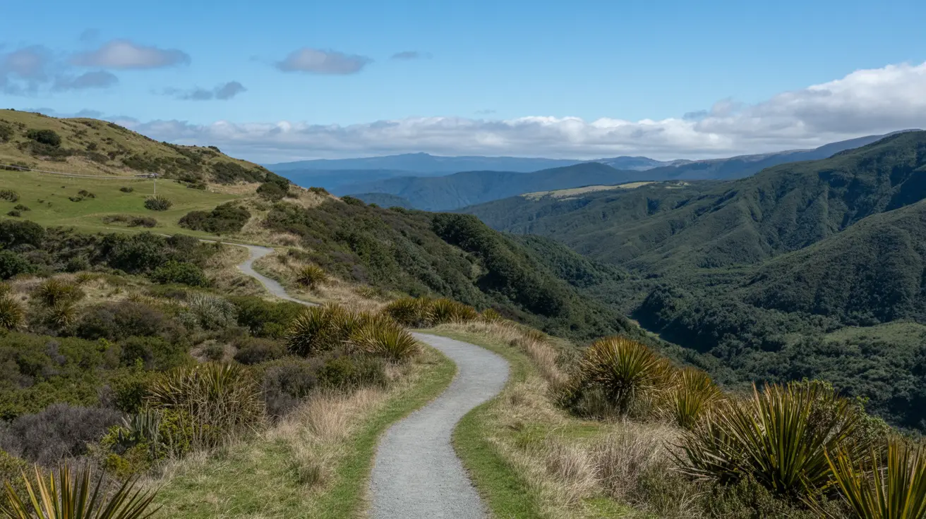 Stunning photograph taken of the Pīwakawaka Loop Walk in Waitawa Regional Park, New Zealand, on a bright sunny day.