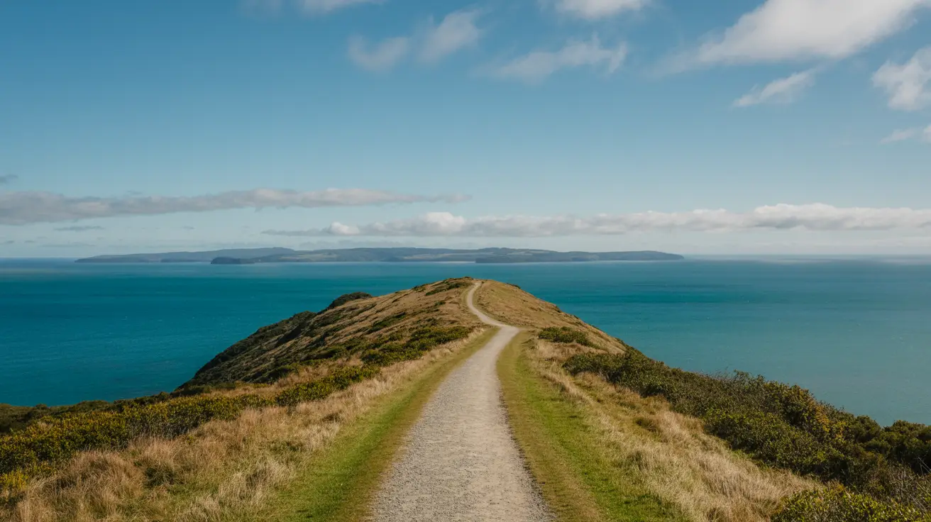 Stunning photograph taken of the Bald Knob Track walk in Motuihe Island, New Zealand on a bright sunny day.
