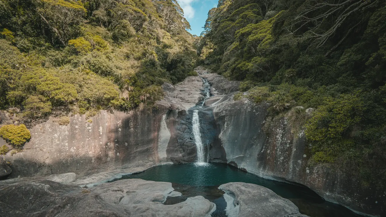 Stunning photograph taken of the Lucas Creek Falls Walk in Lucas Creek, New Zealand on a bright sunny day, showcasing a realistic landscape view without any added text or words.