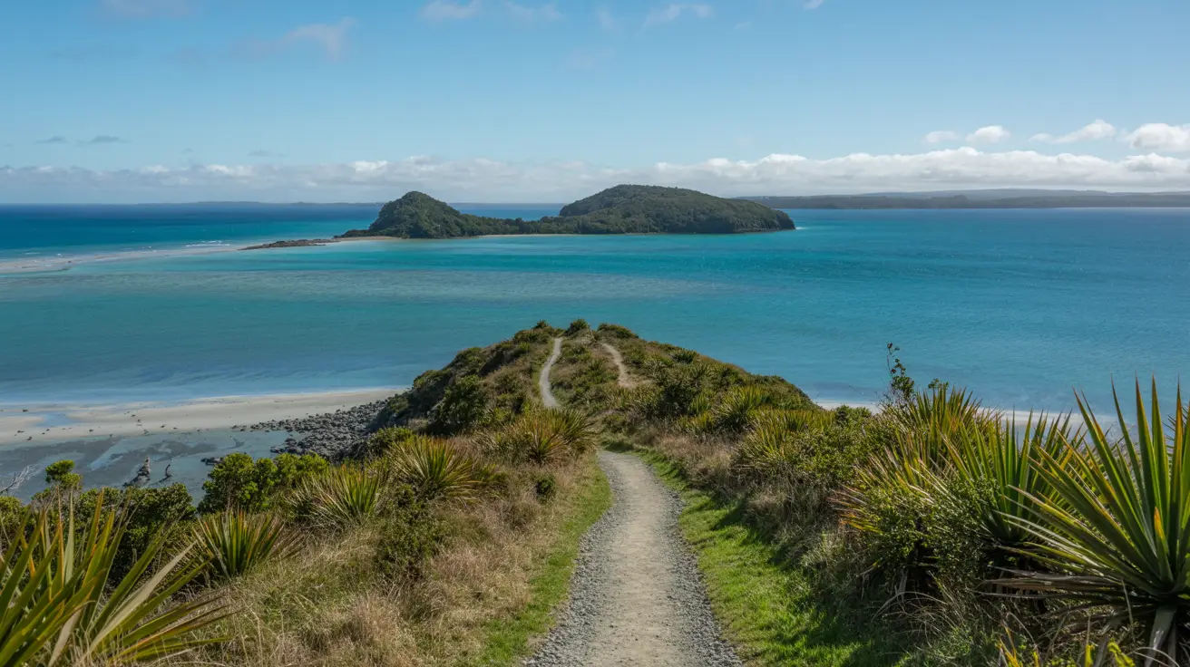 Stunning photograph taken of the Motuora Island Loop Track walk in Motuora Island, New Zealand on a bright sunny day.