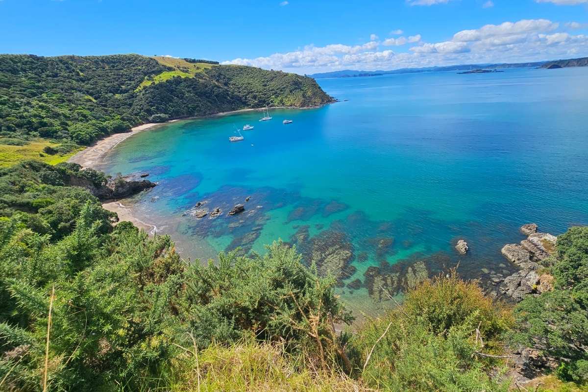Coastal track view Rangihoua Bay anchorage from Marsden Cross Walk
Title: Views from the coastal return track at Rangihoua