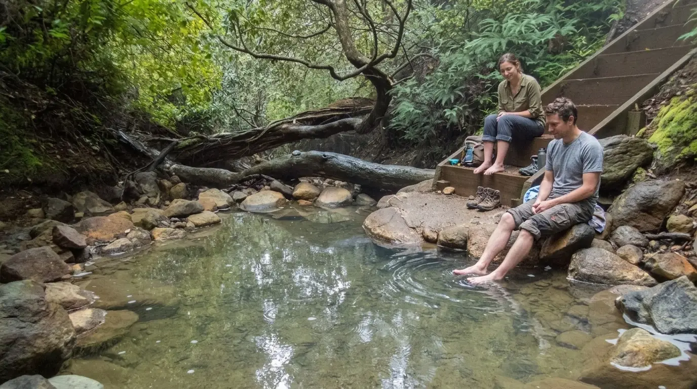 sitting-on-the-steps-at-Kaitoke-Hot-Springs-Great-Barrier