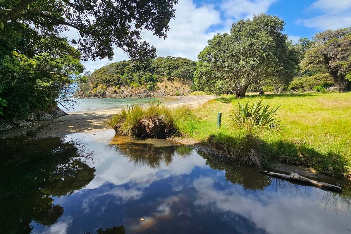 Stream crossing reflecting clouds on sandy beach with coastal forest and bay views on Moturua Island
