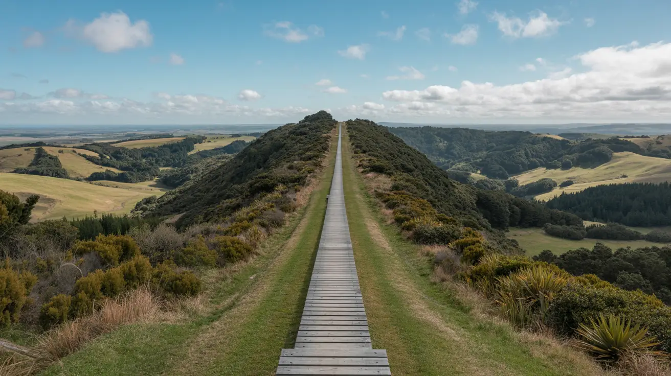 Stunning photograph taken of the Beverage Track walk in Arataki, New Zealand on a bright sunny day.