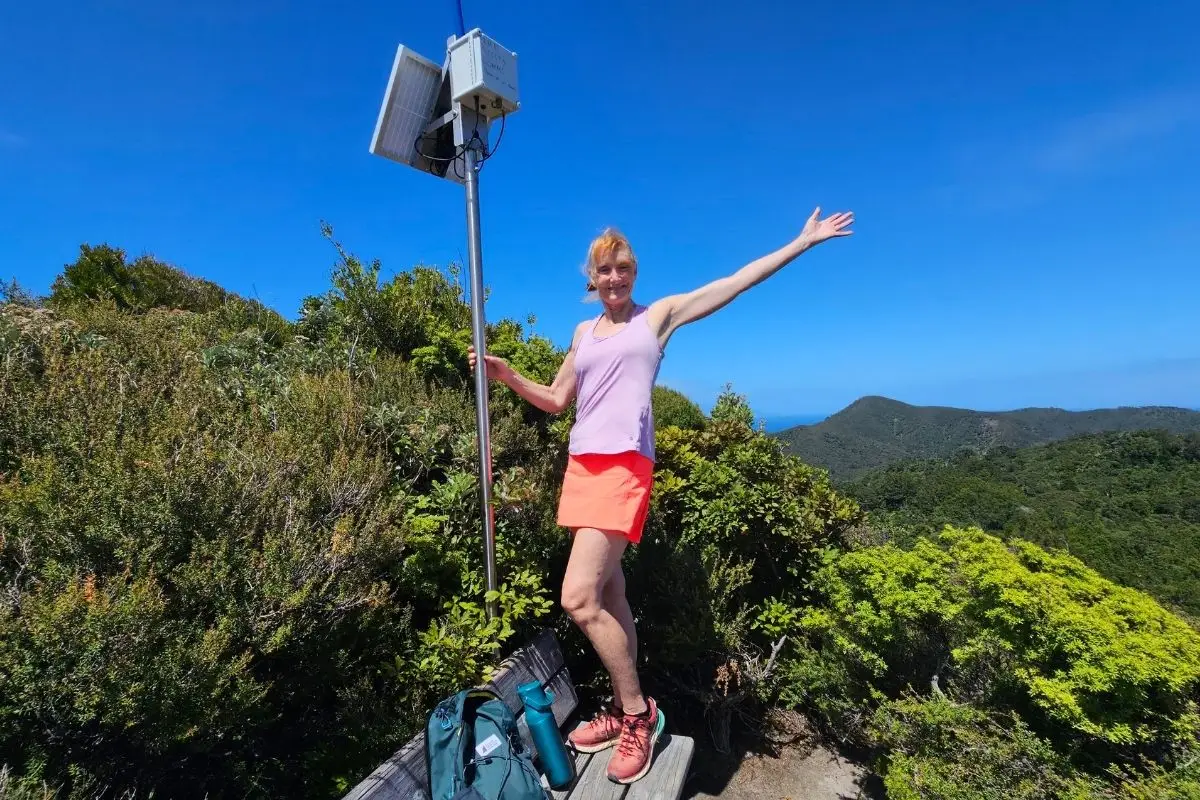 Sandra at Maungapiko Lookout summit Great Barrier Island