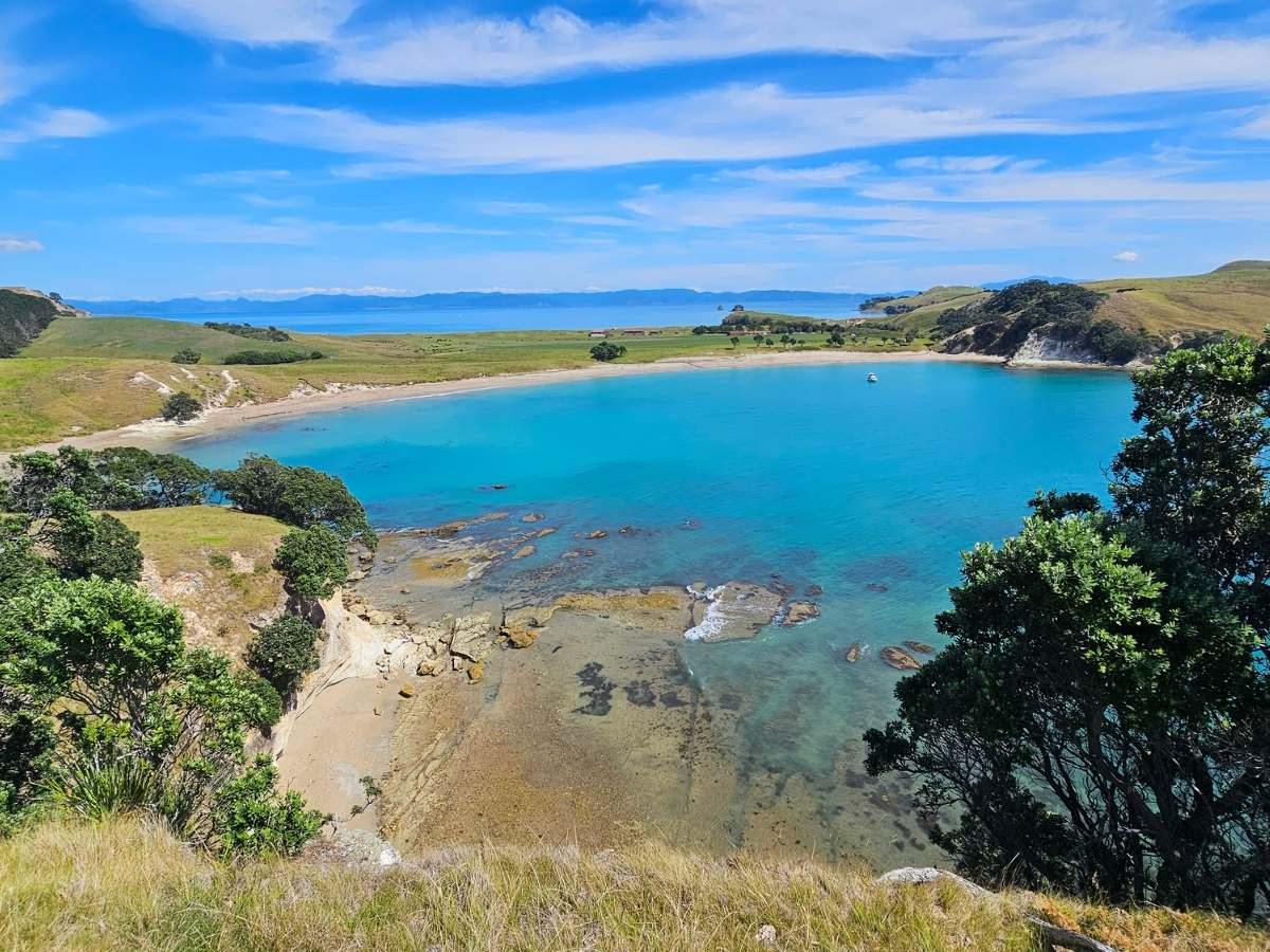 Coralie Bay from the top of the hill. The Coromandel Peninsula stretches out behind it.