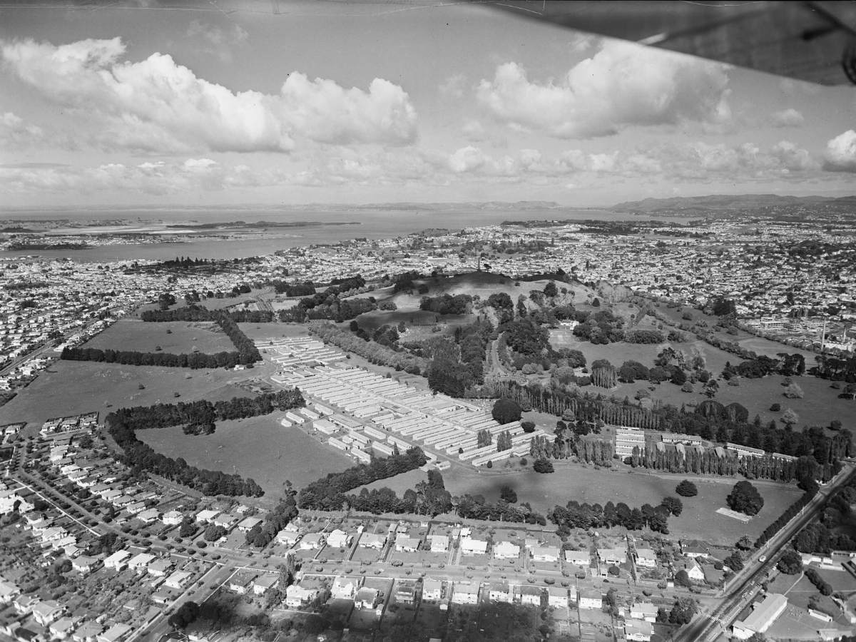 Historic black and white photograph of Cornwall Hospital buildings at Greenlane Auckland showing long single-storey ward buildings