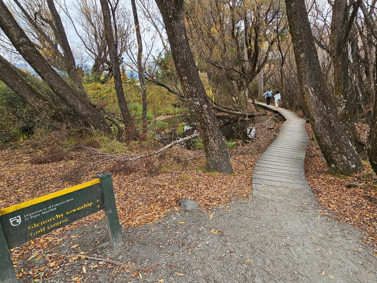 Boardwalk through willows on the Glenorchy Lagoon Walkway with a DOC directional sign in the foreground