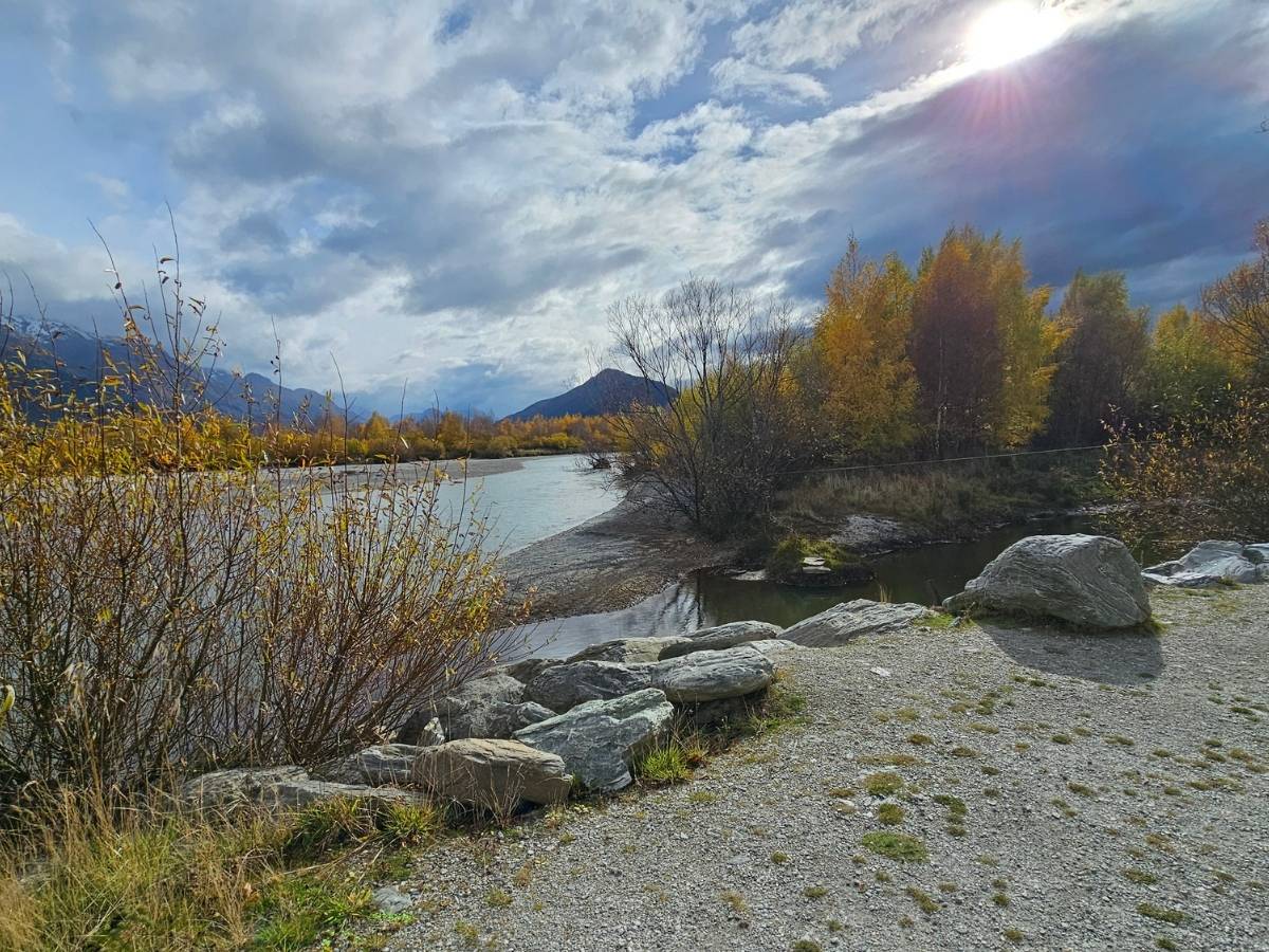 Rees River arm on the Glenorchy Lagoon Walkway in autumn, with golden willows and mountains behind