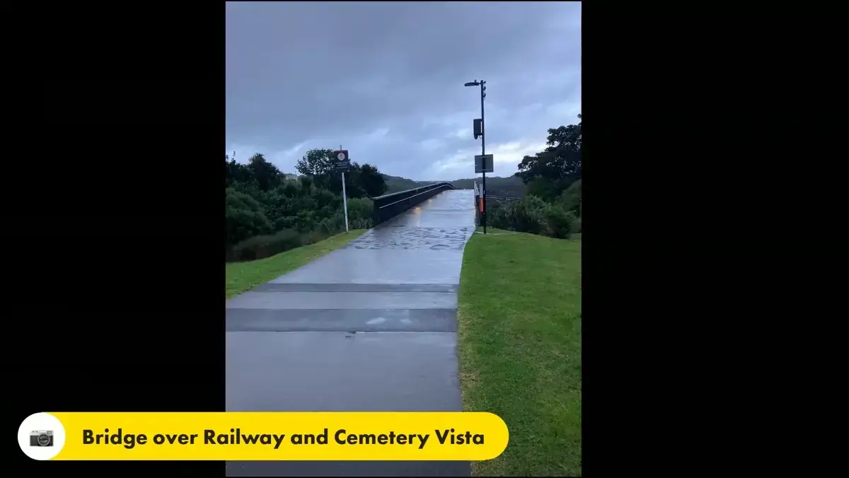 View over Purewa Cemetery and the Eastern rail line from the bridge on the Remuera Ramble walk