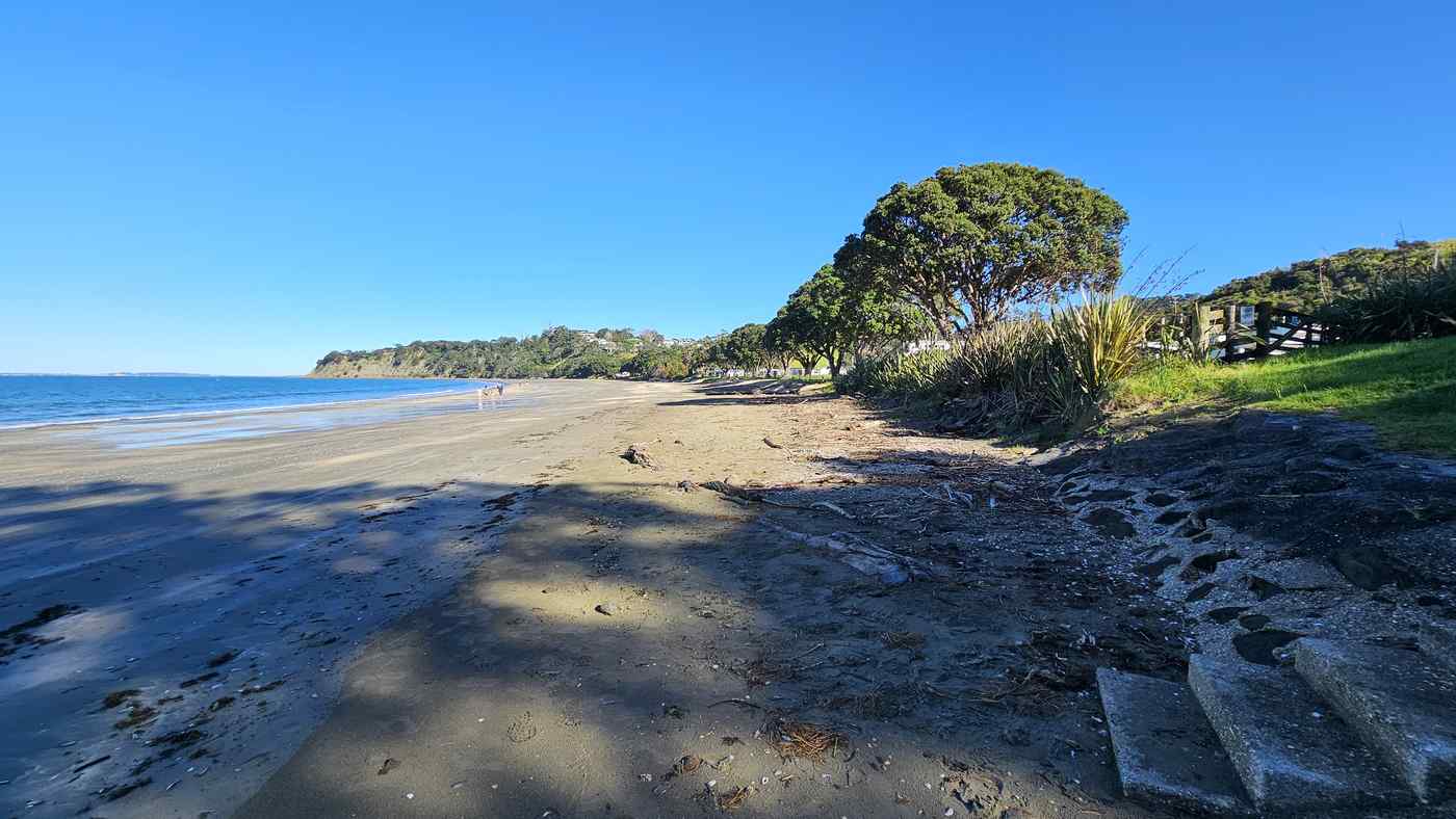 Martins Bay beach at low tide on a clear winter day